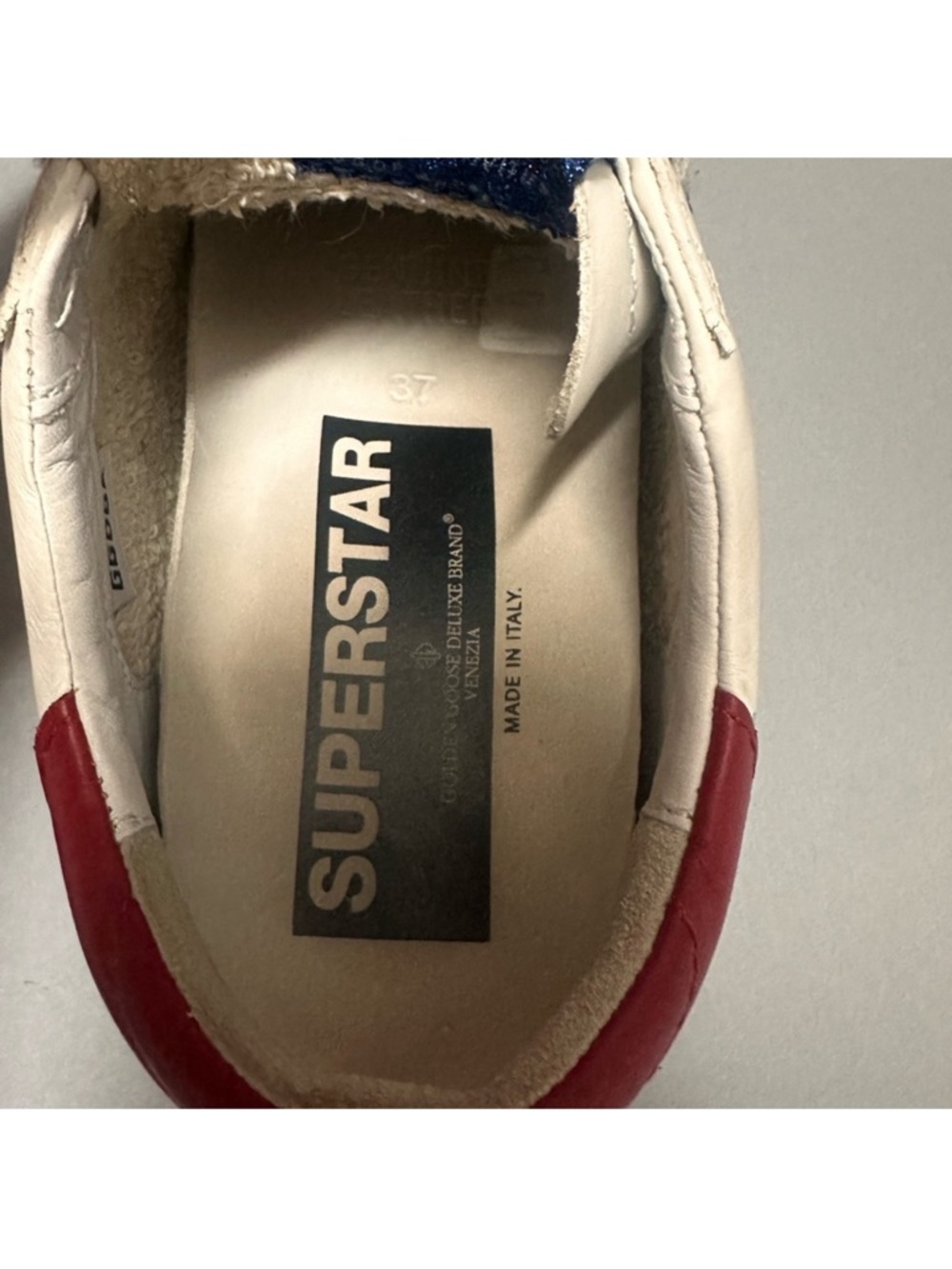 Golden Goose Style White Leather Sneakers with Blue Glitter Star & Red Heel - Picture 8 of 11